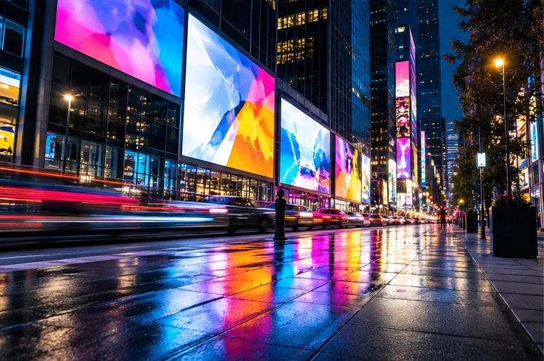 Gece şehir caddesinde büyük format reklam ekranları